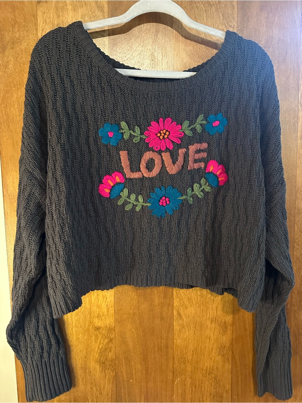 Cropped Charcoal Knit Sweater with Floral 'LOVE' Embroidery